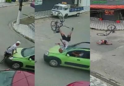 Ciclista é arremessado ao ser atingido em cheio por carro em cruzamento; veja vídeo