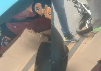 Motociclista fica com ferimento grave após colidir com caminhão; cenas fortes!