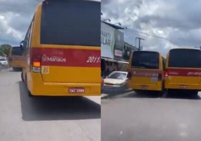 Vídeo flagra motoristas de ônibus amarelinhos disputando racha em rua de Manaus