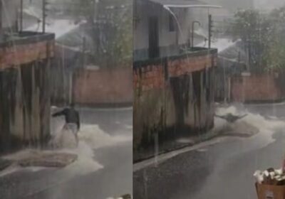 VÍDEO: homem é ‘atropelado’ por colchão durante chuva em Manaus