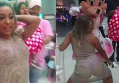 Mulher viraliza dançando funk com vestido transparente em festa infantil da filha; veja