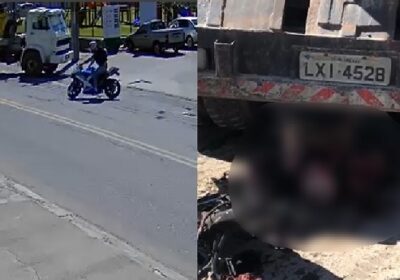 Vídeo mostra motoqueiro morrendo debaixo de caminhão e moto se partindo ao meio