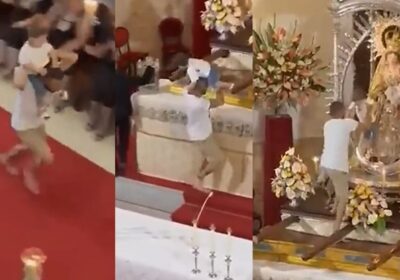 VÍDEO: homem invade missa e deixa o filho em cima do altar da Virgem do Carmo