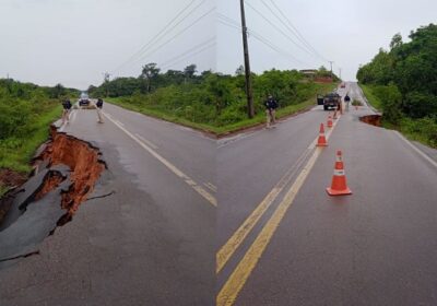 Trecho da BR-174 desaba e via é interditada em Presidente Figueiredo, no AM