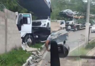 VÍDEO: Caminhão-cegonha perde o freio e bate em muro da Base Aérea de Manaus