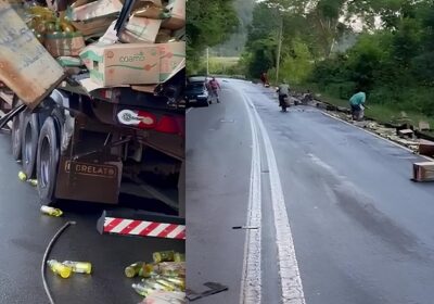 VÍDEOS: Estrutura de carreta carregada de óleo vegetal rompe na BR-174