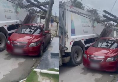 VÍDEO: Caminhão de coleta de lixo derruba poste em cima de carro em Manaus