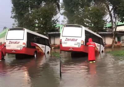 VÍDEOS: Rota com trabalhadores cai em buraco em rua alagada em Manaus