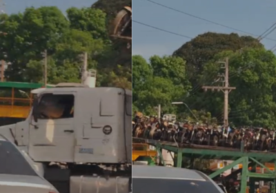 VÍDEO: Caminhão-cegonha ‘entala’ e afeta trânsito na Mário Ypiranga em Manaus