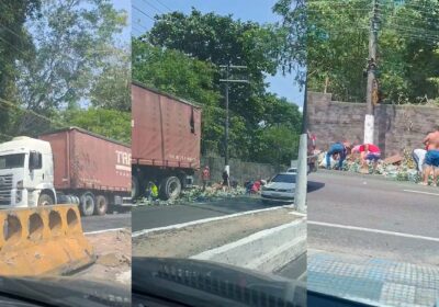 VÍDEO: Caminhão carregado com cervejas tomba e carga é saqueada em Manaus