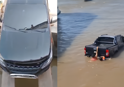 VÍDEO: Homem tenta embarcar carro, mas tábuas não suportam peso e veículo cai em rio