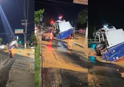 VÍDEOS: Caminhão cai em cratera na avenida Coronel Teixeira e deixa bairros de Manaus sem água