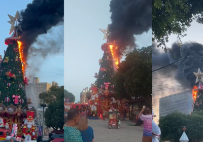 Vídeos mostram árvore de Natal do Largo de São Sebastião pegando fogo em Manaus