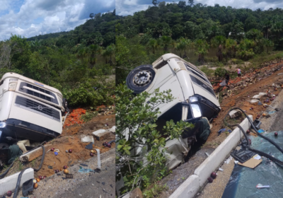 VÍDEO: Caminhão tomba na BR-174 e cebolas são saqueadas